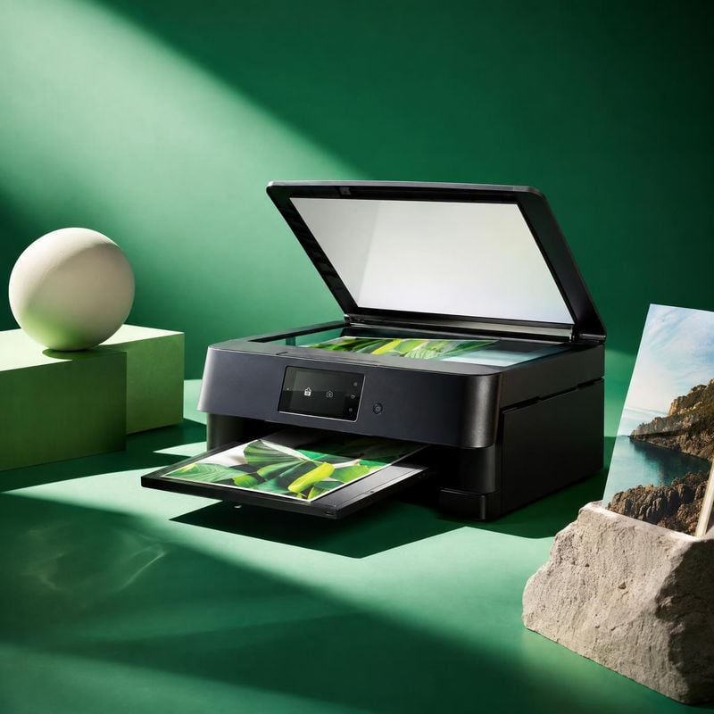printer electronics product photo: A sleek black printer sits open on a sculptural green studio set, with a photo emerging from the tray and crisp directional…