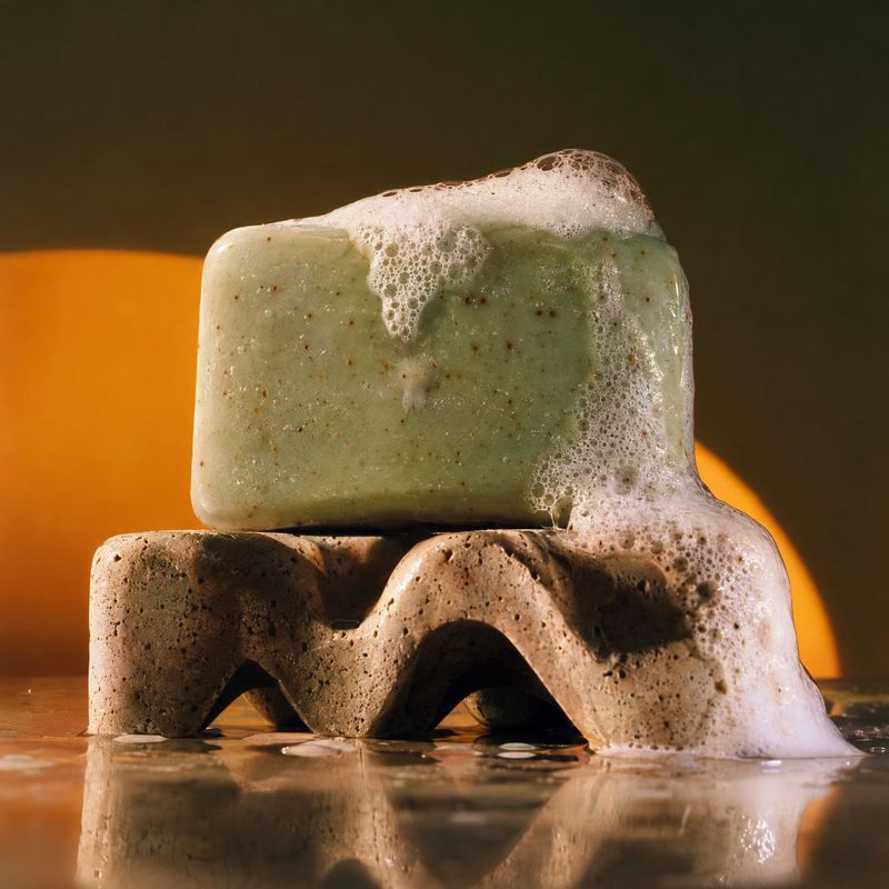 bar soap close-up detail product photo: Two textured soap bars are stacked amid white foam on a reflective surface, lit with warm amber light against a dark ba…