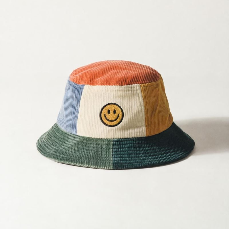 color-block corduroy bucket hat packshot product photo: A multicolored corduroy bucket hat with a small embroidered smiley emblem is centered on a clean white…
