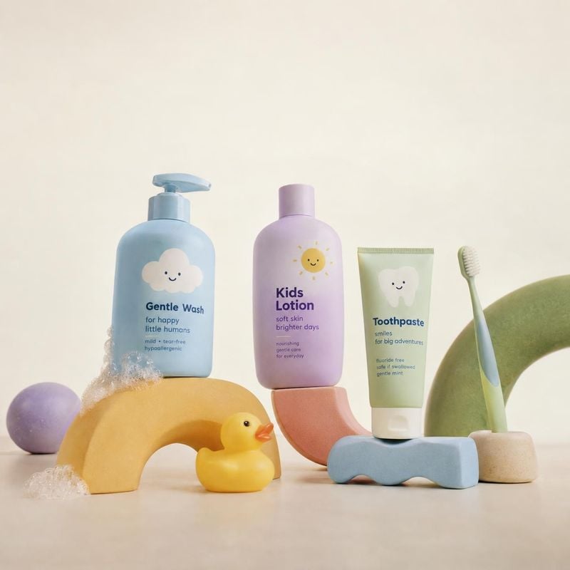 children's bath and oral-care products group lineup product photo: Pastel-colored children's wash, lotion, toothpaste and toothbrush are arranged with playful…