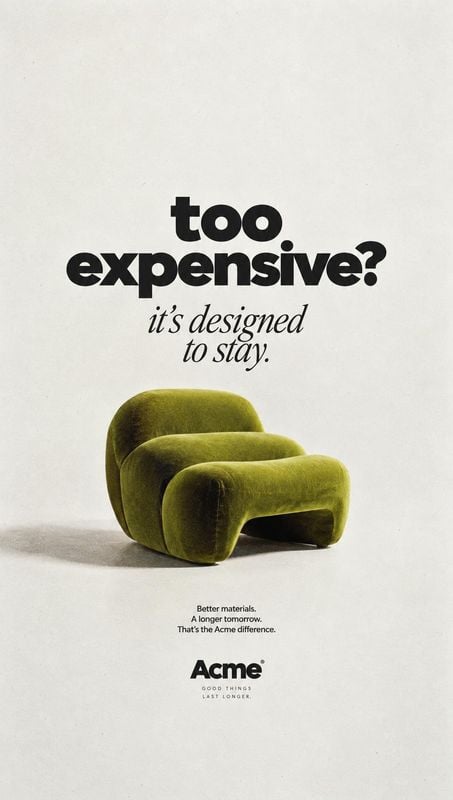 upholstered lounge chair still life product photo: A sculptural olive-green upholstered chair sits against a softly textured off-white studio backdrop, beneath…