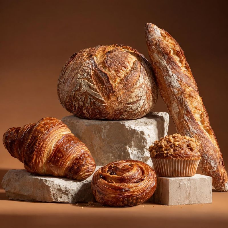 assorted artisan breads and pastries food and drink product photo: An assortment of golden-brown artisan breads and pastries is arranged on pale stone blocks a…