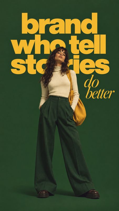 fashion outfit look book product photo: A woman poses in a cream turtleneck, wide-leg green trousers, and a mustard shoulder bag against a deep green studio ba…
