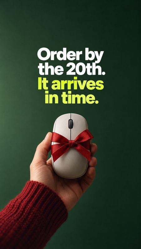 computer mouse electronics product photo: A hand in a red knit sleeve presents a white computer mouse wrapped with a red ribbon against a deep green backdrop,…