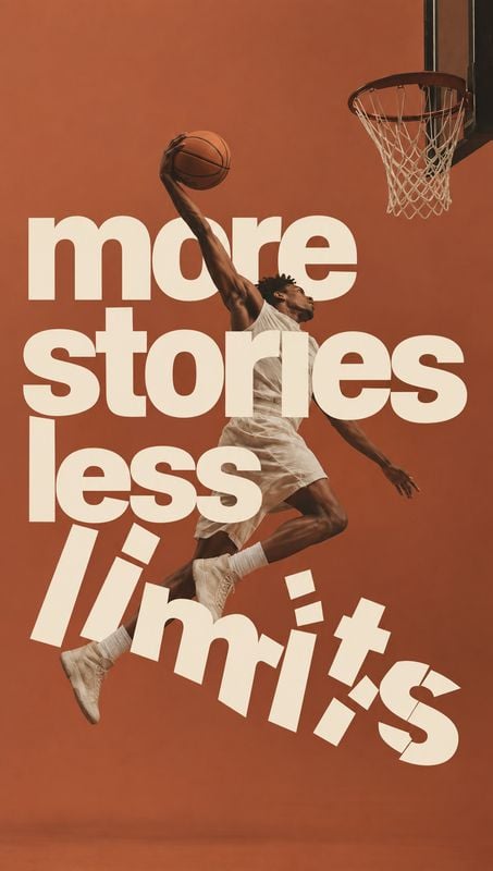 action & motion product photo: A basketball player leaps toward the hoop against a warm terracotta studio backdrop, layered with oversized cream typography for…
