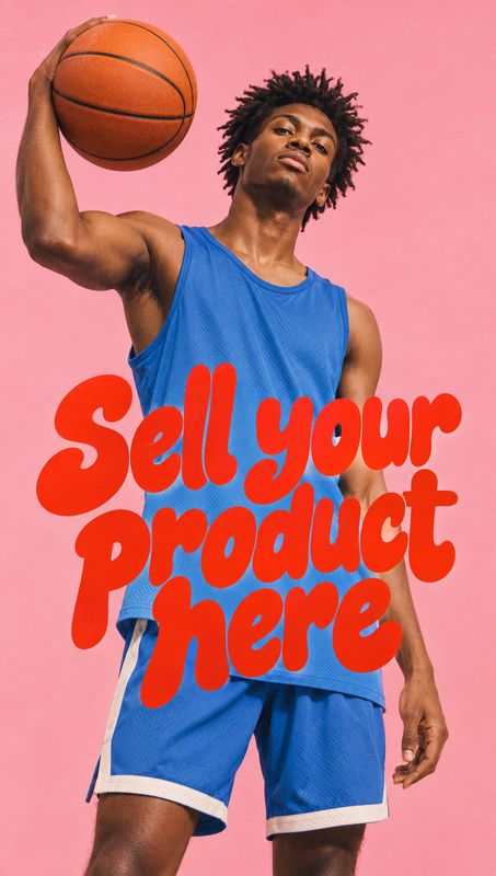 basketball uniform posters product photo: A basketball player in a blue uniform poses with a ball against a pink studio backdrop, overlaid with oversized red d…