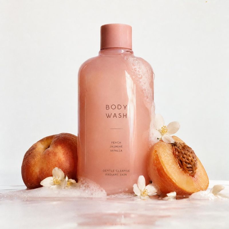 body wash ingredients product photo: A blush-pink body wash bottle stands among peaches, blossoms and soft foam against a bright white studio background, creat…