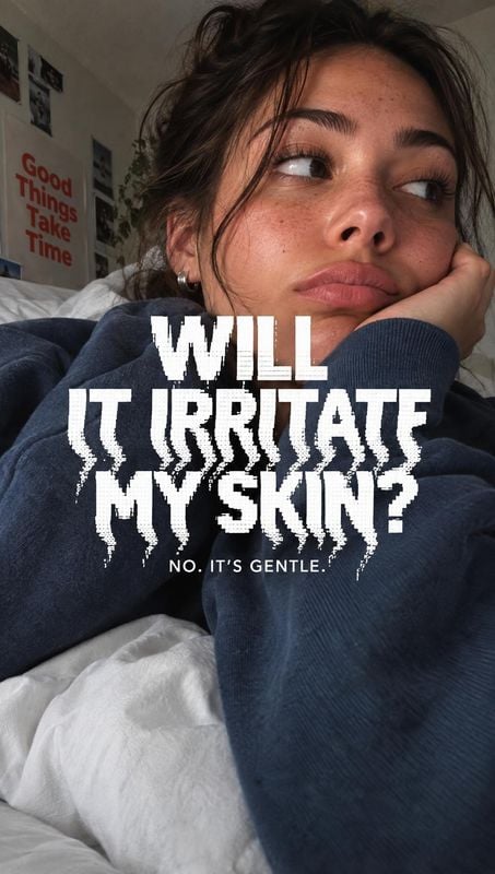 posters product photo: A close selfie of a young woman reclining in a bedroom, overlaid with bold white lettering asking whether a skincare product will irrita…