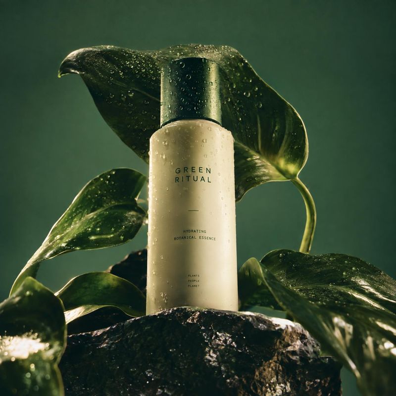 hydrating botanical essence ingredients product photo: A pale skincare bottle with a simple printed label stands among glossy, water-dappled green leaves and d…