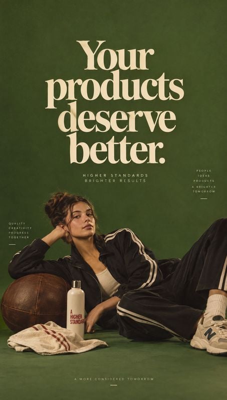 personal care bottle model try-on product photo: A woman in a black three-stripe tracksuit lounges beside a small bottle against a deep green studio backdrop,…