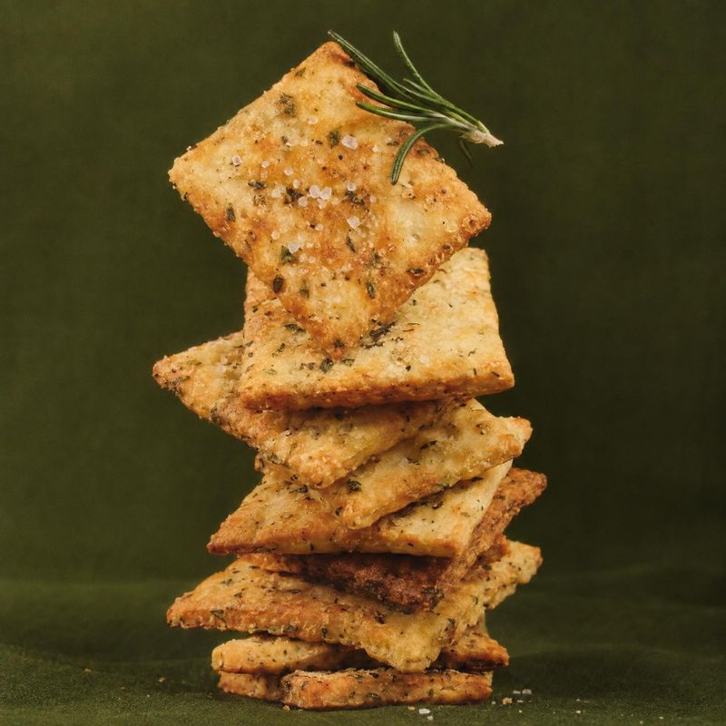 herb crackers close-up detail product photo: A neatly stacked tower of golden herb crackers topped with a rosemary sprig is photographed against a dark olive b…