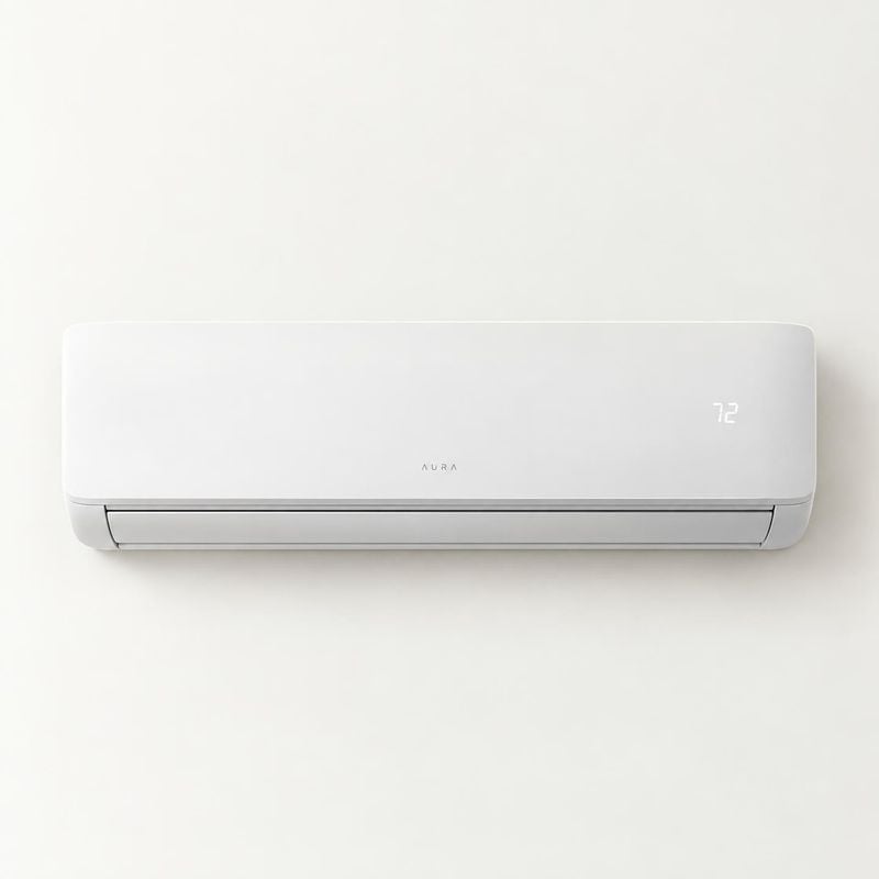 wall-mounted air conditioner packshot product photo: A minimalist white wall-mounted air conditioner is centered against a pale wall, with soft even lighting a…
