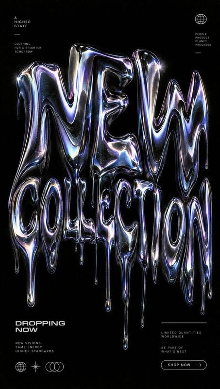 posters product photo: A black fashion-campaign graphic pairs oversized iridescent liquid-chrome lettering with small white collection messaging and a restrain…