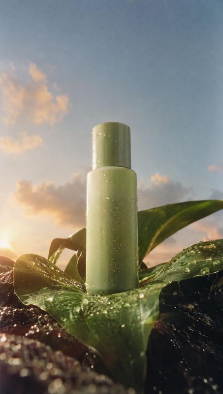skincare bottle lifestyle scene product photo: A pale green skincare bottle dotted with water droplets stands among glossy leaves against a softly clouded suns…