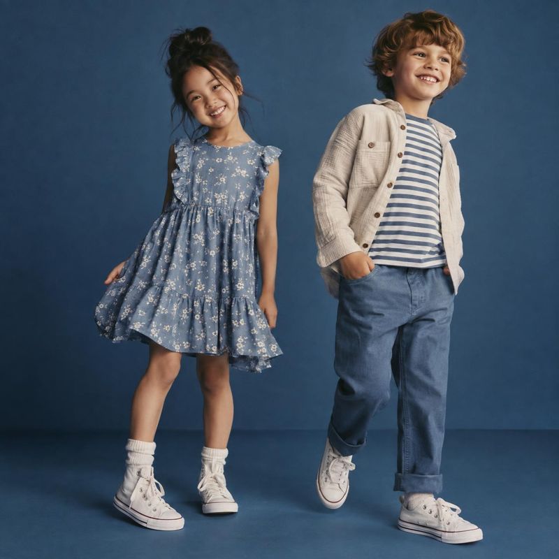 children's clothing model try-on product photo: Two smiling children model coordinated casual outfits against a deep blue studio backdrop, with soft even light…