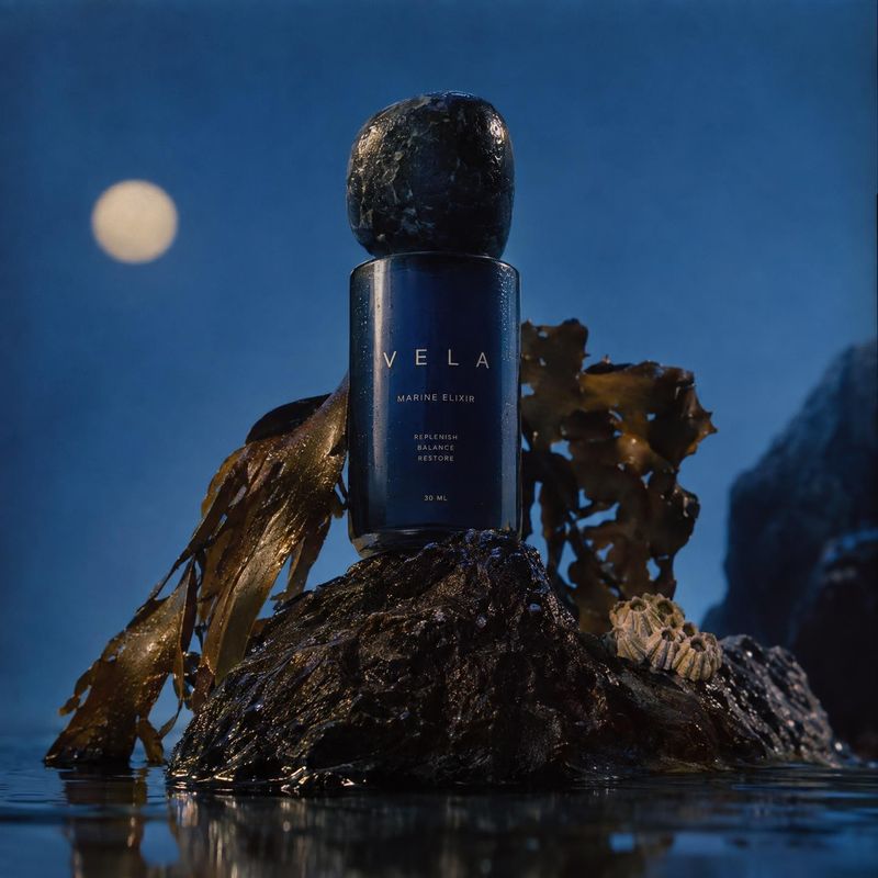marine elixir skincare bottle ingredients product photo: A dark blue skincare bottle sits on a seaweed-covered rock at the water’s edge, lit with cool blue twi…