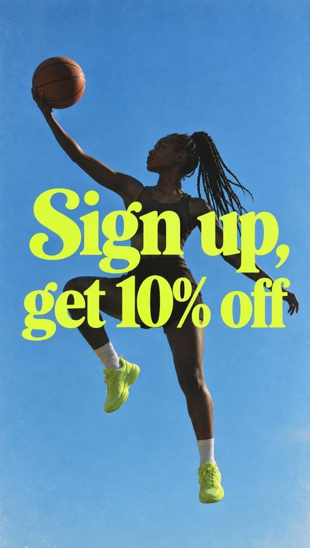 basketball shoes action & motion product photo: A female basketball player leaps against a vivid blue sky in neon yellow shoes as oversized lime typography pro…
