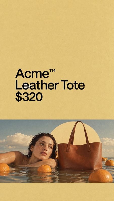 leather tote bag lifestyle scene product photo: A woman rests in a pool beside a brown leather tote, framed by floating oranges and warm golden tones beneath b…