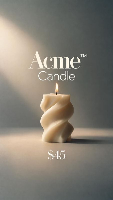 sculptural candle packshot product photo: A sculptural cream-colored candle burns on a softly lit studio surface, with elegant product and price typography aga…