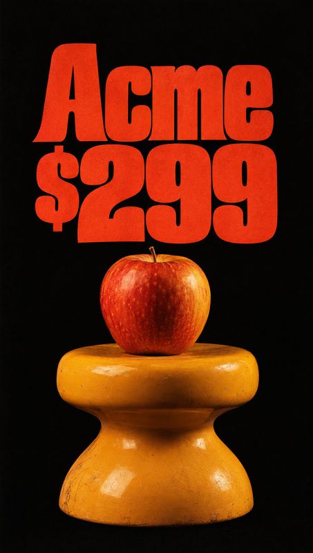 wooden stool still life product photo: A red apple rests on a sculptural golden-orange stool against a black studio background, beneath oversized red price typ…