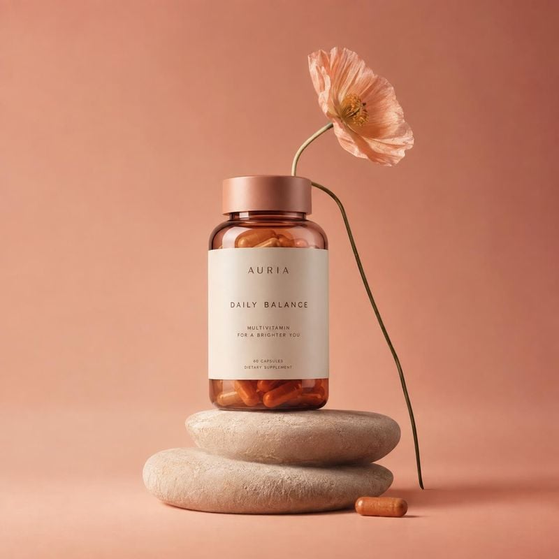 multivitamin supplement personal care product photo: An amber bottle of multivitamin capsules rests on stacked stone props beside a delicate flower against a w…