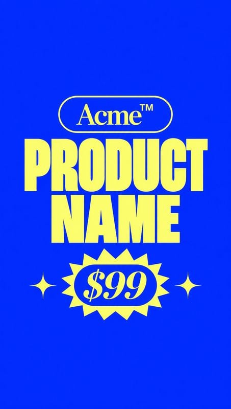 posters product photo: A bold blue-and-yellow sale graphic pairs oversized placeholder product-name typography with a prominent $99 burst, leaving open blue sp…