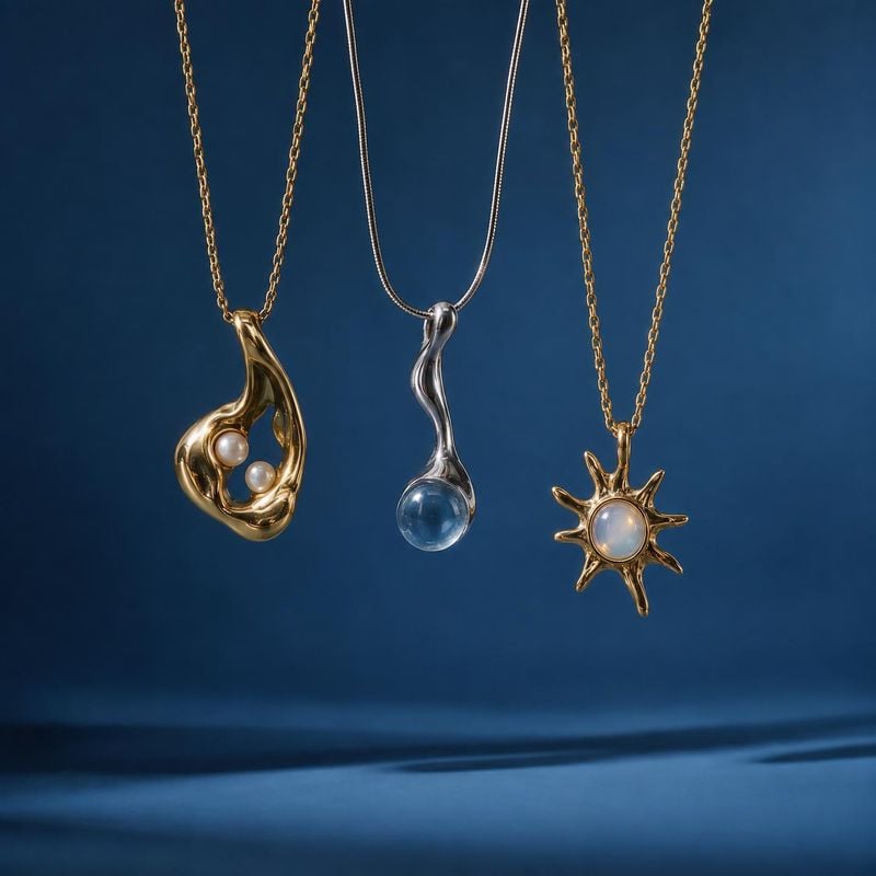 three pendant necklaces packshot product photo: Three sculptural gold and silver pendant necklaces hang against a deep blue studio backdrop, lit to bring out t…