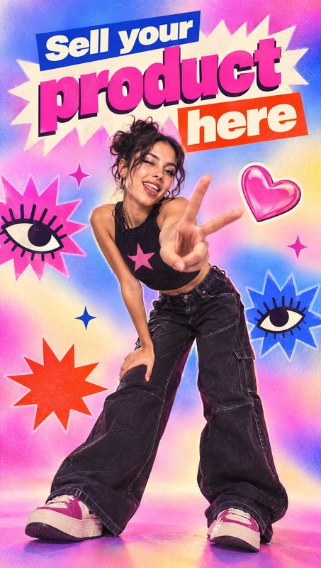 jeans and sneakers model try-on product photo: A smiling woman in baggy dark jeans, a black star-print top, and pink sneakers leans toward the camera against a…