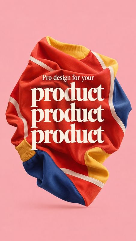 color-block track jacket still life product photo: A sculpturally arranged red, yellow, and blue track jacket floats against a pink studio background, with ove…