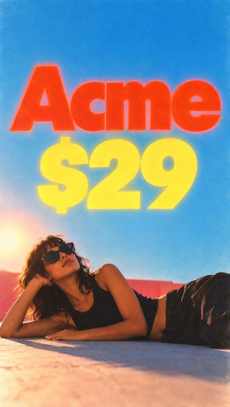 black outfit model try-on product photo: A woman in a black outfit and sunglasses reclines on a sunlit rooftop beneath oversized red and yellow sale typography…