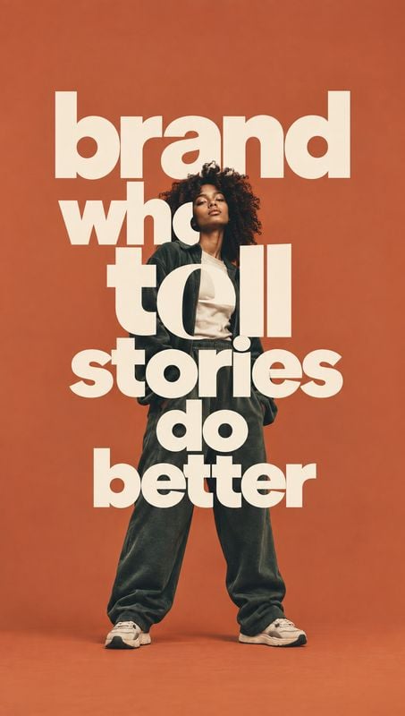 casual outfit look book product photo: A woman in a relaxed dark outfit poses against a warm terracotta studio backdrop, while oversized cream typography layer…