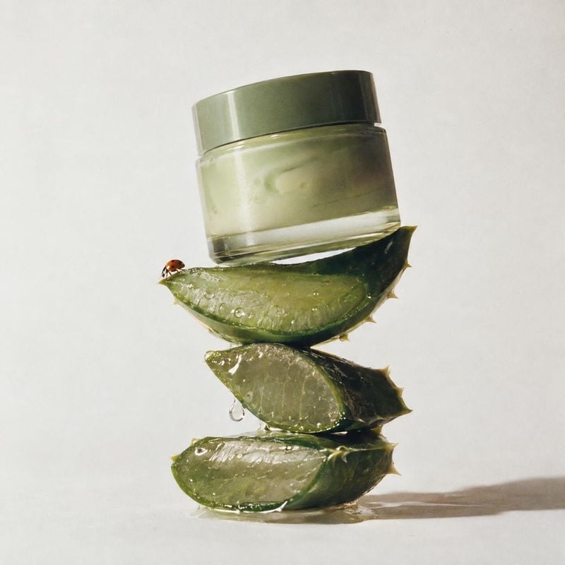skincare cream jar ingredients product photo: A minimalist skincare jar rests atop stacked, dewy aloe slices with a tiny ladybug, lit softly against a pale stu…