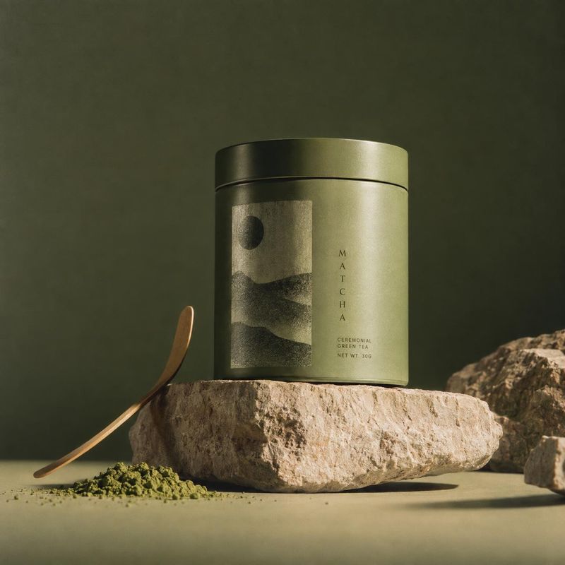 matcha green tea food and drink product photo: A muted green tin of ceremonial matcha sits on a rough stone beside a bamboo scoop and scattered tea powder, lit…