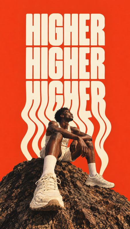 sneakers look book product photo: A seated male model in light athletic wear and chunky sneakers poses on a rocky outcrop against a vivid orange backdrop, bene…
