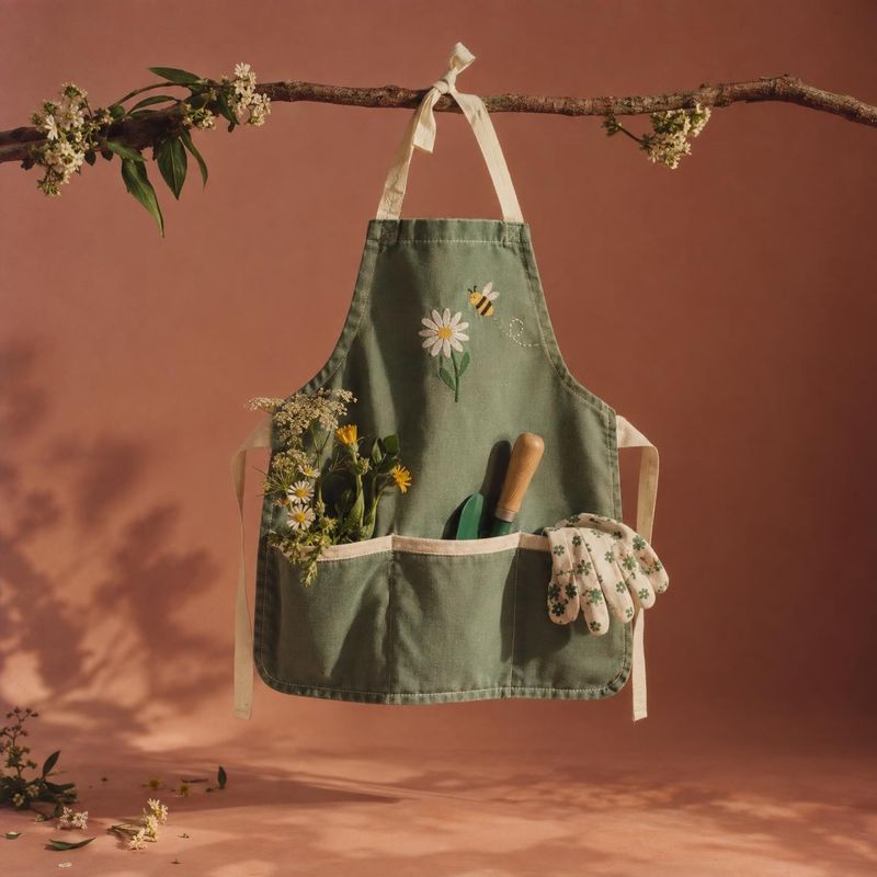gardening apron home product photo: A sage-green gardening apron with floral embroidery hangs from a flowering branch, its pockets holding garden tools and fre…