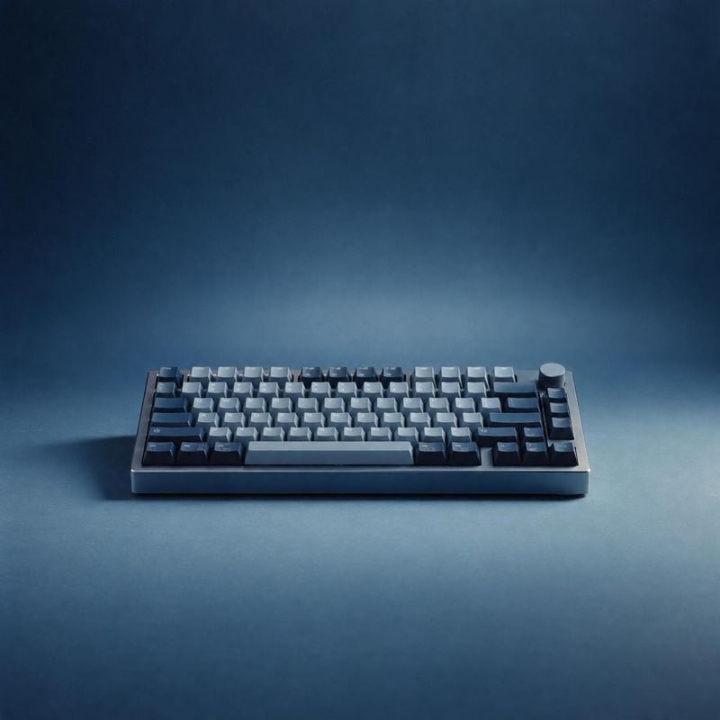 mechanical keyboard packshot product photo: A compact mechanical keyboard in cool gray and blue sits centered on a matching studio surface, lit with soft direc…