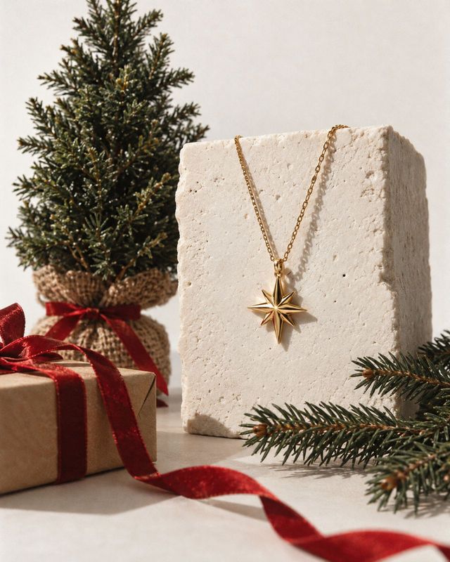 gold star pendant necklace christmas product photo: A gold star pendant necklace hangs from a pale stone block beside a small evergreen tree and a red-ribboned…