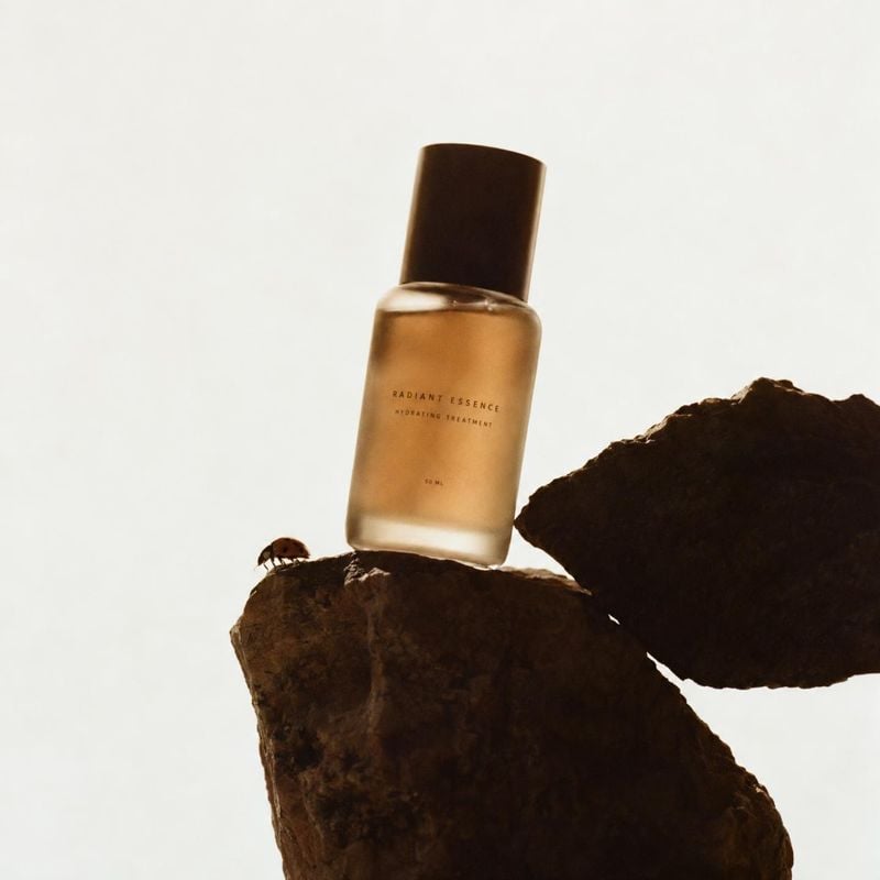 skincare treatment bottle packshot product photo: An amber skincare bottle rests on dark rugged rocks against a pale studio backdrop, with warm directional lig…