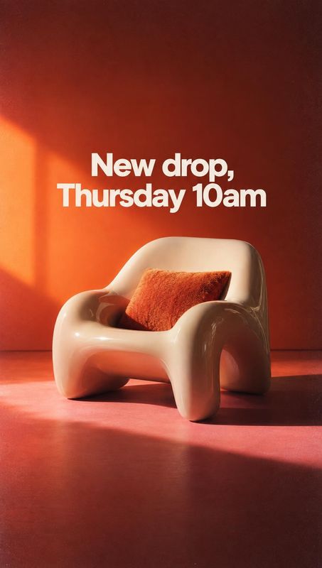 sculptural armchair posters product photo: A sculptural cream armchair with a rust-colored cushion is staged against a warm terracotta backdrop, lit by a drama…