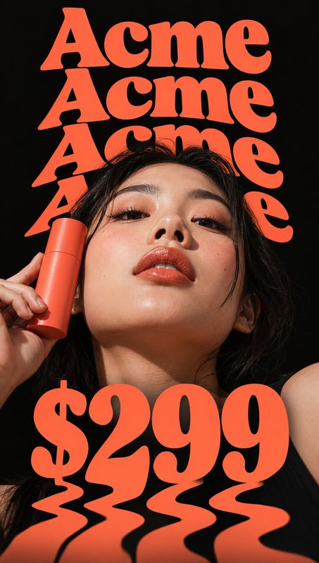 lipstick beauty close-up product photo: A close-up beauty portrait shows a woman holding an orange lipstick tube against a black background, with bold orange l…