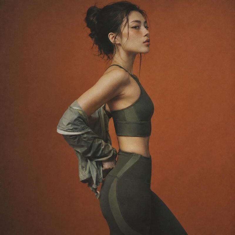 activewear set model try-on product photo: A model poses in a dark olive activewear set with a jacket slipped off her shoulders against a warm rust-colored stu…