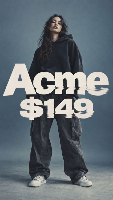 casual apparel outfit model try-on product photo: A model poses in an oversized dark hoodie, loose trousers and sneakers against a muted blue-gray studio backd…