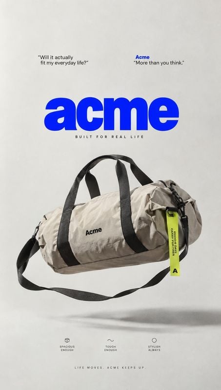 duffel bag packshot product photo: A light neutral duffel bag floats against a soft gray studio backdrop, with bold blue typography and small supporting copy c…