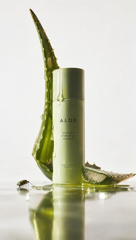 aloe hydrating essence ingredients product photo: A pale green skincare essence bottle stands among glossy aloe vera leaves and water droplets on a reflective…