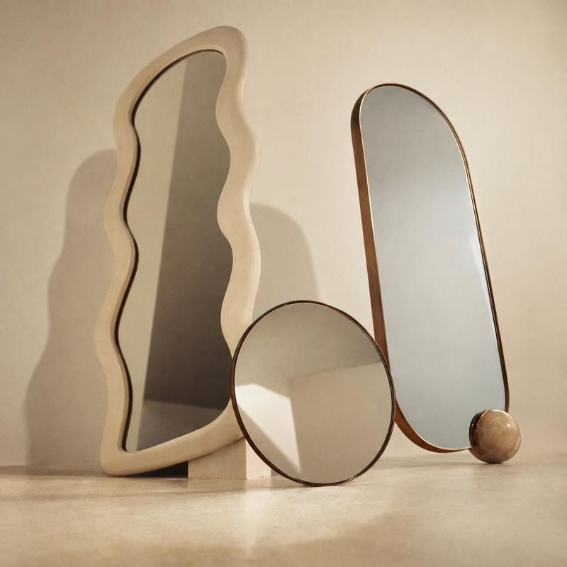decorative mirrors home product photo: Three sculptural mirrors with wavy, round and elongated shapes are arranged against a warm beige studio backdrop, with s…