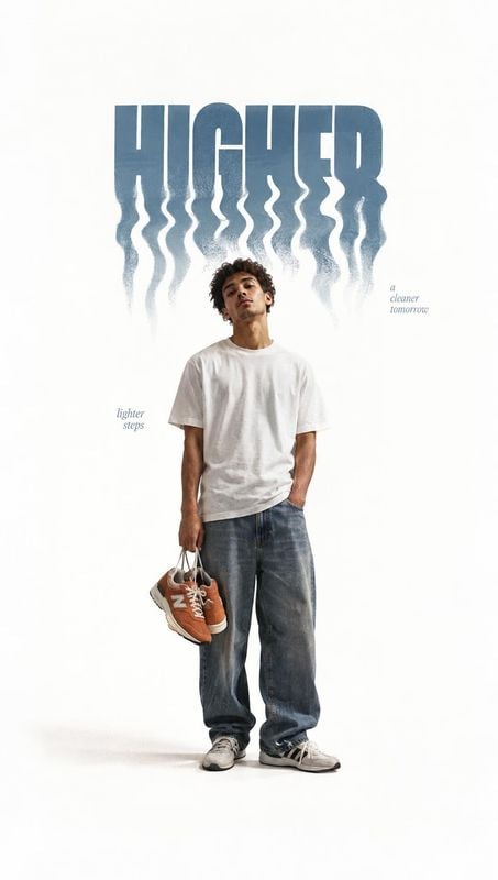 sneakers model try-on product photo: A casually styled young man stands against a bright white studio backdrop in a white T-shirt, loose jeans, and sneakers, b…