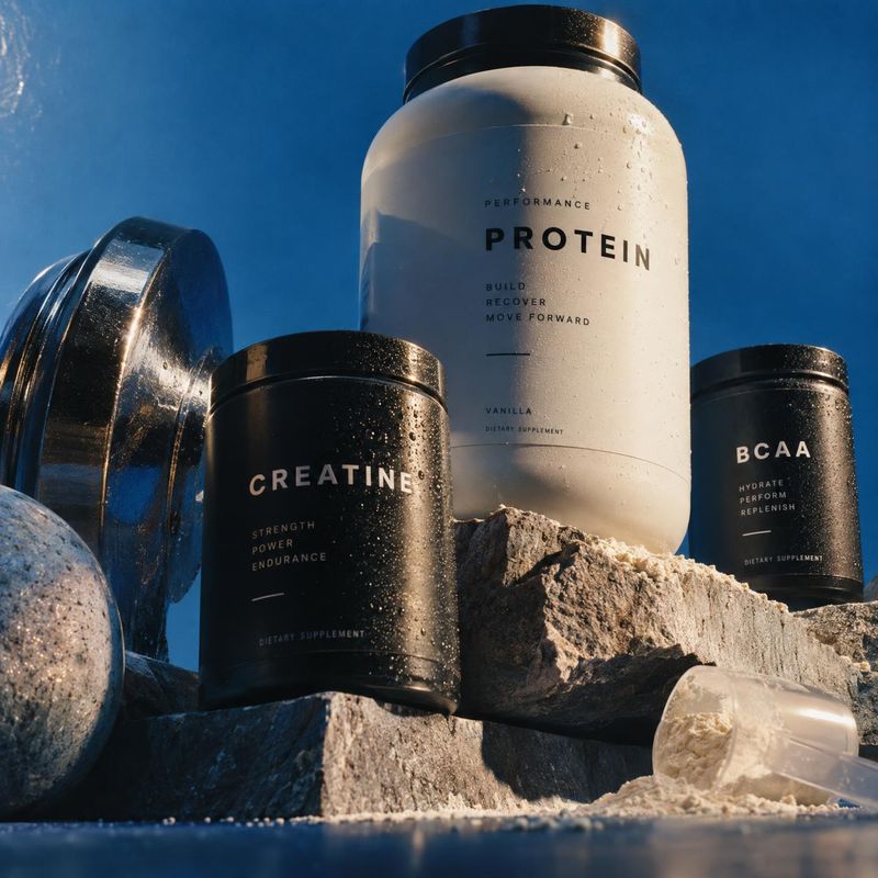 sports nutrition supplements personal care product photo: A dramatic lineup of protein, creatine, and BCAA supplement tubs sits among rugged stone and gym weig…