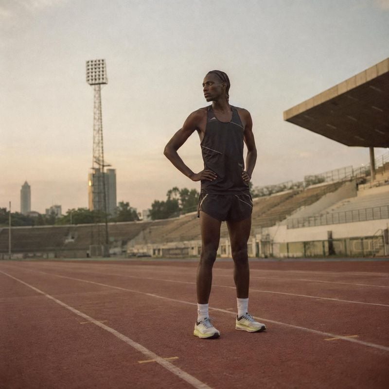 athletic running outfit model try-on product photo: An athlete in a dark running singlet and shorts stands hands-on-hips on an outdoor track, with stadium seat…