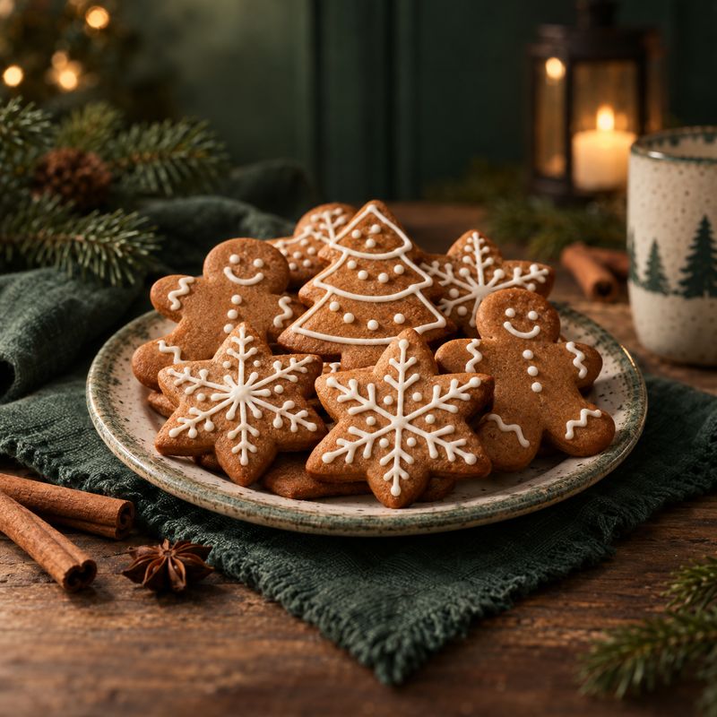 iced gingerbread cookies christmas product photo: Iced gingerbread cookies are arranged on a ceramic plate among evergreen branches, a candle and a mug in warm…