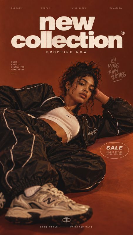 athletic clothing and sneakers look book product photo: A reclining model wears a black tracksuit, white Nike crop top and sneakers against a rust-toned studio…
